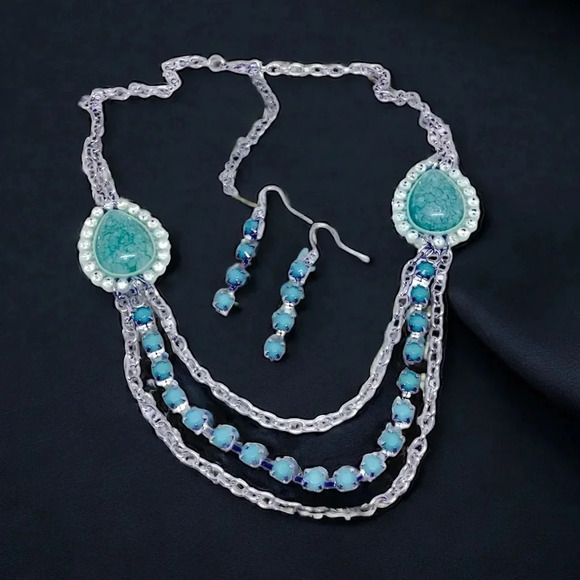 None Jewelry - Rhinestone Faux Turquoise Necklace & Earring Silver Tone set